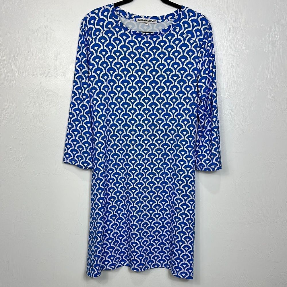 Barbara Gerwit Blue White Geo Print Long Sleeve Dress Size L